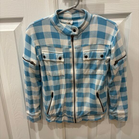 Kate Quinn Bamboo Blue and White Checkered Motorcycle Jacket Size 4T EUC - Picture 1 of 3
